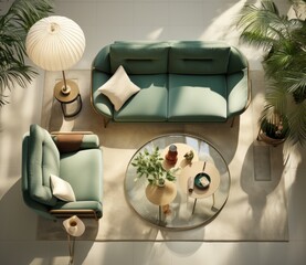 Top view layout of fabulous interior design, living room with modern furniture, armchair, coffee table, plants and lounge area