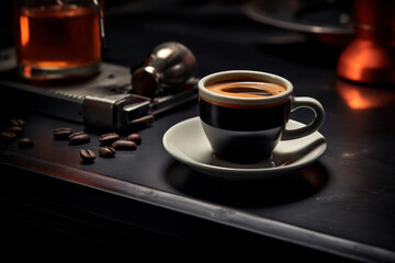 Coffee in glass cup on wooden table in cafe with lighting background