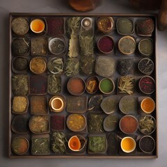 A tray of various types of herbal teas with loose tea leaves and infusers1