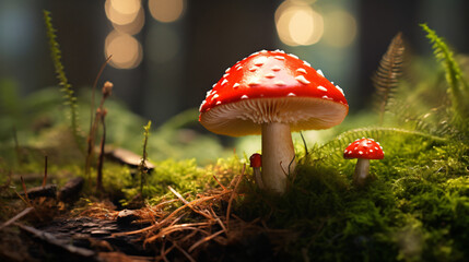 Fly agaric mushroom on green moss - obrazy, fototapety, plakaty
