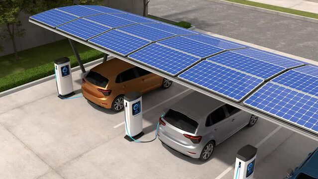Electric cars are being charged in vehicle parking with solar panel energy, EV Charging Station, Clean energy filling technology.