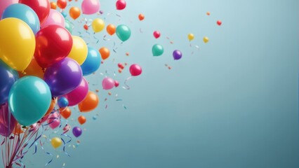 Bunch of colorful balloons on blue background with empty space for text