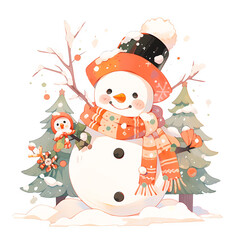 Cute Christmas painting of a snowman, AI generative