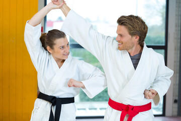 couple during training karate martial arts