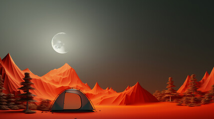 black camping tent on empty copy space night moon background. Wild nature tourism and adventure. Concept of traveling. 3D illustration - obrazy, fototapety, plakaty