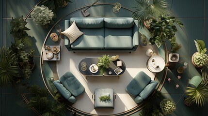 Top view layout of luxurious interior design, living room with modern furniture, armchair, coffee table, plants and lounge area