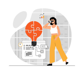 Finding ideas, solutions, brainstorming process. Woman looking through binoculars for new business ideas. Illustration with people scene in flat design for website and mobile development.