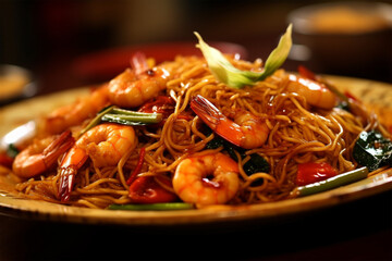 Stir-fried spicy noodles with seafood - obrazy, fototapety, plakaty