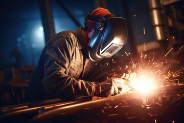 Industrial worker welding metal using protective gear and mask in factory setting