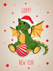 Greeting postcard. Happy new year and Merry Christmas with green dragon and red christmas ball.