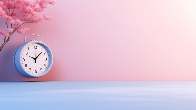 Clock on the floor with bright white background in pink pastel colors. Minimal creative concept. 3d illustration