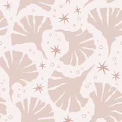 Fototapeta na wymiar Abstract pink seamless pattern with fantastic leaves and stars. Vector illustration