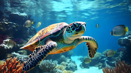 Naklejka na ściany i meble turtle swimming with colorful coral underwater in ocean