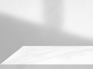 Minimal Marble Table with White Stucco Wall Texture Background with Light Beam and Shadow, Suitable for Product Presentation Backdrop, Display, and Mock up.
