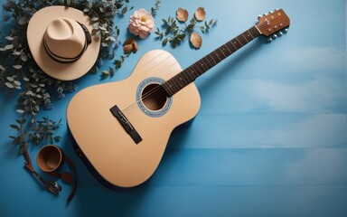 acoustic guitar on wooden background - obrazy, fototapety, plakaty