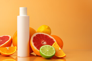 Cosmetic container on background of cut citrus fruit