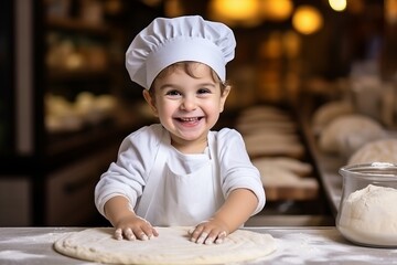 Little boy in chef hat kneading dough and smiling at camera