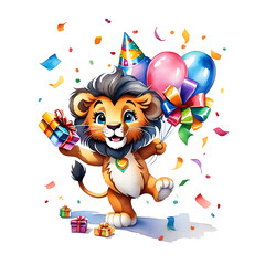Cute lion is holding birthday gift and Colorful balloons, confetti in background., Watercolor illustration for Greeting card, poster, banner.  AI generated. 