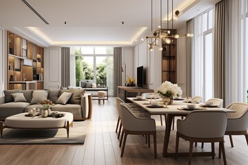 Fototapeta premium contemporary home interior design concept beautiful living room design in natural color scheme with bright and clean cosy comfort house beautiful design background