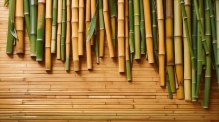 Green bamboo on bamboo wall background. Space for text