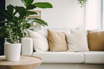 home interior design element close up freshness flower vase on coffee table in living room with background of white colour sofa and pillow daylight cosy comfort home interior background