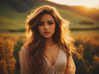 Fototapeta premium young lovely woman in at sunset.