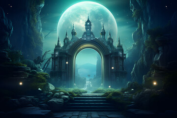 Mysterious Entrance portal to Fantasy world,Magic stone gate,Ancient ruins,Passage to another world,The door to an alien world,Fantasy night landscape with magical power,Fairy-tale scene,3D art.