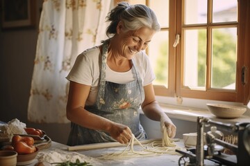 Mature woman making pasta in the kitchen. She is smiling.
