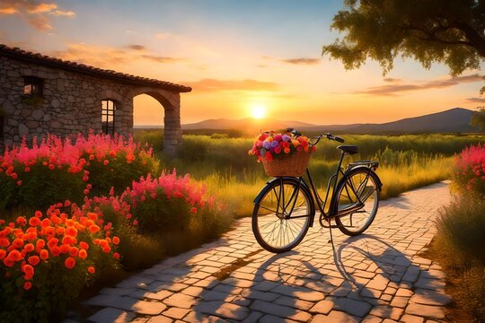 The Serenity of a Breathtaking Landscape at Sunset, Featuring a Colorful Bicycle with a Flower Basket as the Focal Point. An Image that Radiates the Peace and Beauty of the Golden Hour