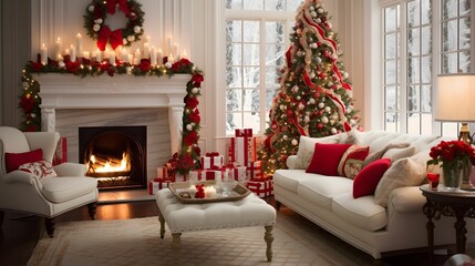 Christmas room interior design. Bright living room adorned with festive Christmas decorations. hyper-realistic photography.  Generative AI