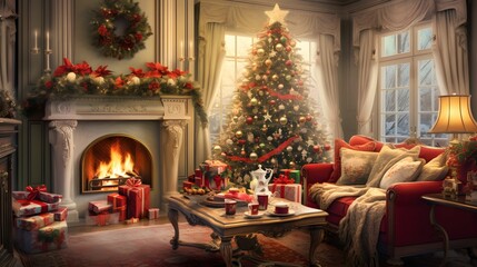 Fototapeta na wymiar Christmas room interior design. Bright living room adorned with festive Christmas decorations. hyper-realistic photography. Generative AI