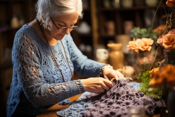 Crochet artisan's hands creating intricate lace edging, Generative AI