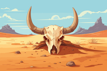 Cow skull in the desert at the hot sunny day, vector