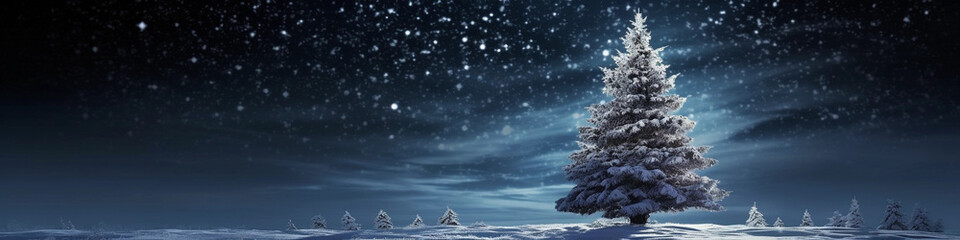 Winter landscape with a conifer tree at the side - banner size - Generative AI - Copy Space