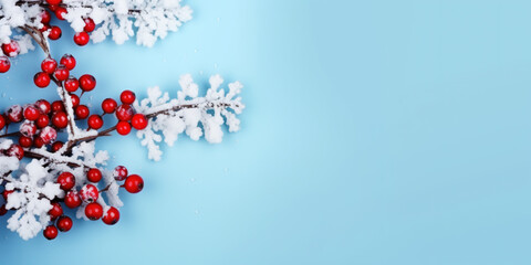 Christmas or winter composition. Snowflakes and red berries on blue background, copy space