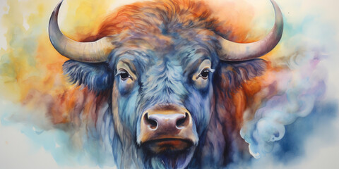 A portrait of a buffalo in watercolor