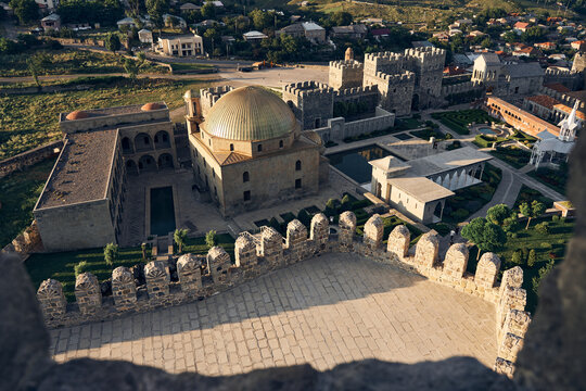 Akhaltsikhe (Rabati) Castle, medieval fortress built in the 9th century. Located in Akhaltsikhe city in southern Georgia. View of the Mosk, battlements, mountains and village