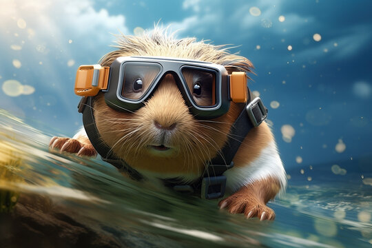 An image of a guinea pig with diving goggles - Generative AI

