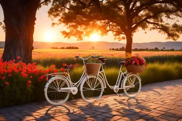 Plexiglas foto achterwand The Serenity of a Breathtaking Landscape at Sunset, Featuring a Colorful Bicycle with a Flower Basket as the Focal Point. An Image that Radiates the Peace and Beauty of the Golden Hour © Malaika