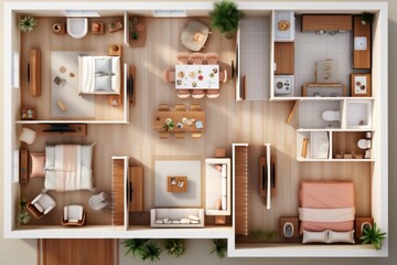 Top view layout plan of modern home. Architectural floor plans of fully furnished apartment or house - 653131331