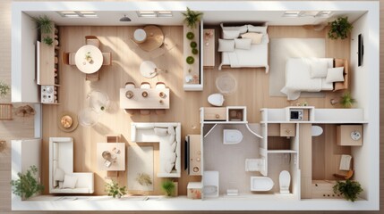 Top view layout plan of modern home. Architectural floor plans of fully furnished apartment or house