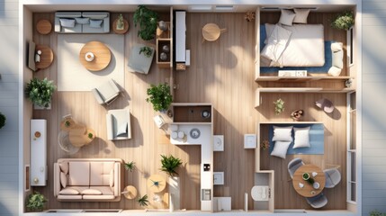 Top view layout plan of modern home. Architectural floor plans of fully furnished apartment or house - obrazy, fototapety, plakaty