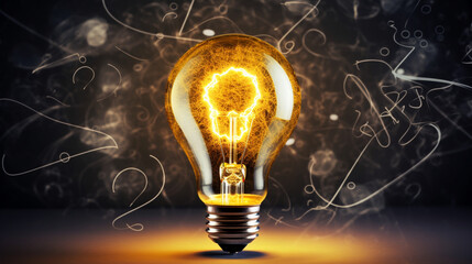 Lightbulb drawing inside of punch paper with question marks for creative thinking ideas. Generative Ai