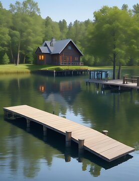 Paint a tranquil lakeside cabin scene with a wooden dock stretching into the water.

