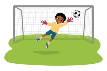 Fototapeta premium Little African boy goalkeeper diving to save a soccer ball 