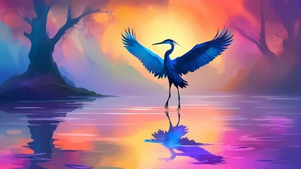 Foto op Plexiglas A heron fluttering its wings in the lake. © saurav005