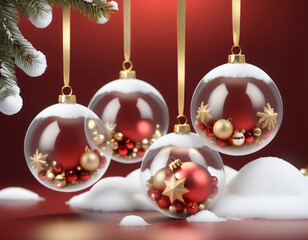 Fototapeta na wymiar A festive image featuring a Christmas-themed backdrop adorned with see-through glass ornaments and a vibrant red background, perfect for holiday designs