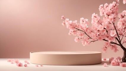 Empty round product display podium with cherry blossom in a pink background behind