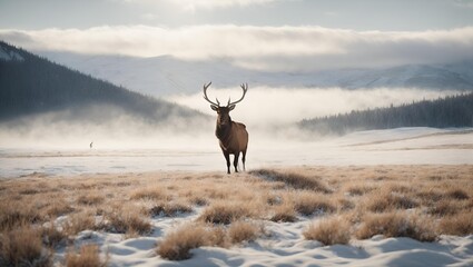 A majestic elk gracefully walking through  a winter - obrazy, fototapety, plakaty