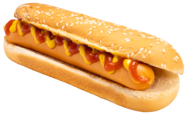 Hot Dog with ketchup and mustard sauce isolated on white, Fresh Hot Dog Isolated on White background PNG File.